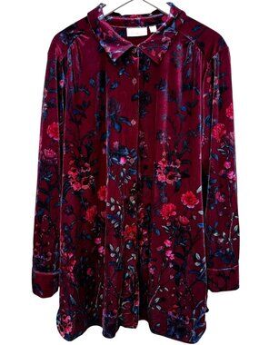 BELLE Kim Gravel Velvet Top Plus Size 2X Burgundy Floral Holiday Shirt Pockets